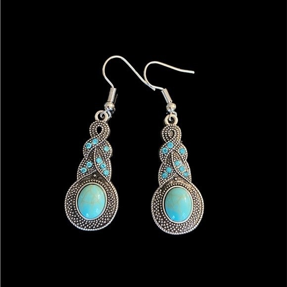 Braided drop boho faux turquoise hook earrings - Picture 1 of 4